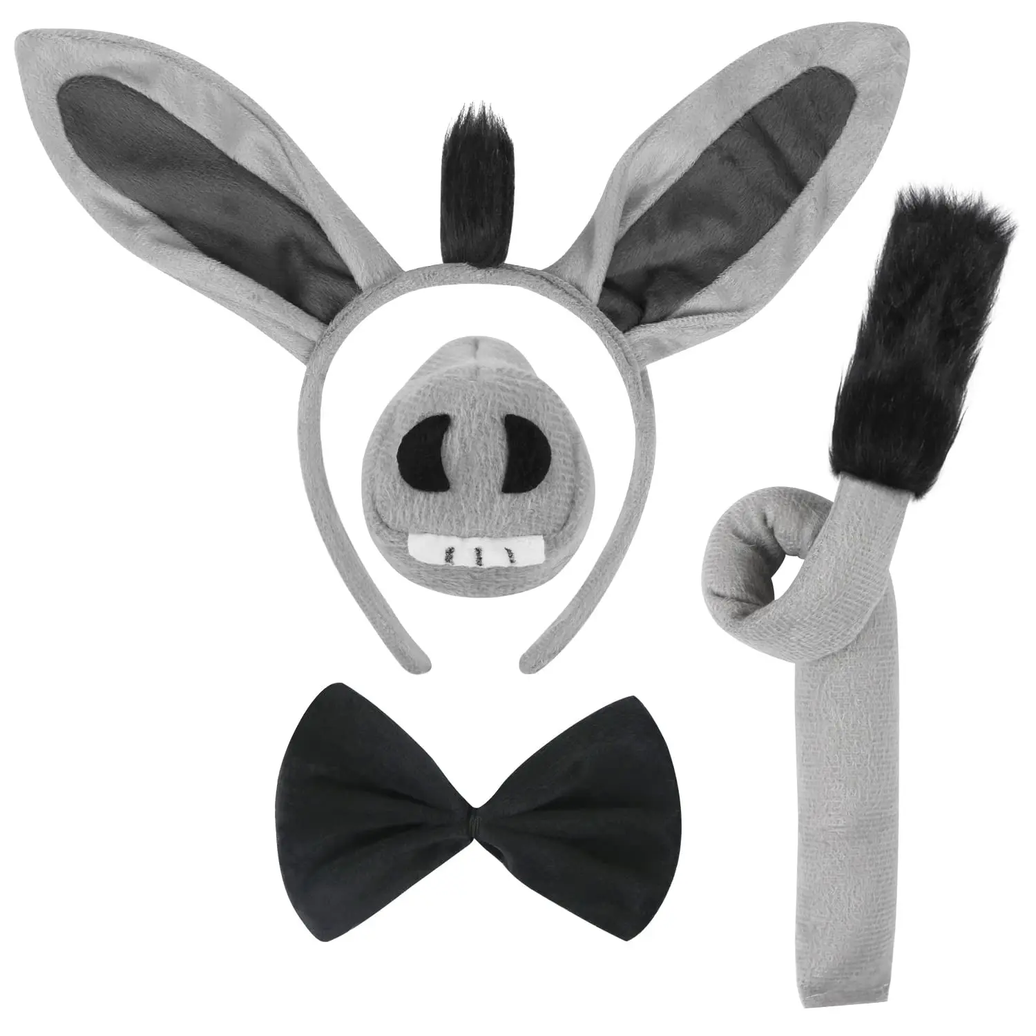 4 Pcs Donkey Costume Set with Ears Headband, Nose, Tail & Bow Tie - Animal Fancy Dress Party Accessories for Halloween, Christmas, Birthday, Cosplay, Dress Up Party DecorationsGift