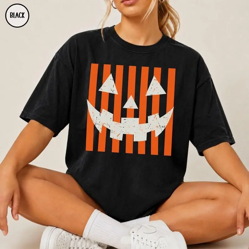 Group Jack O Lantern Shirts, Striped Pumpkin Face T-Shirt, Halloween Pumpkin Costume