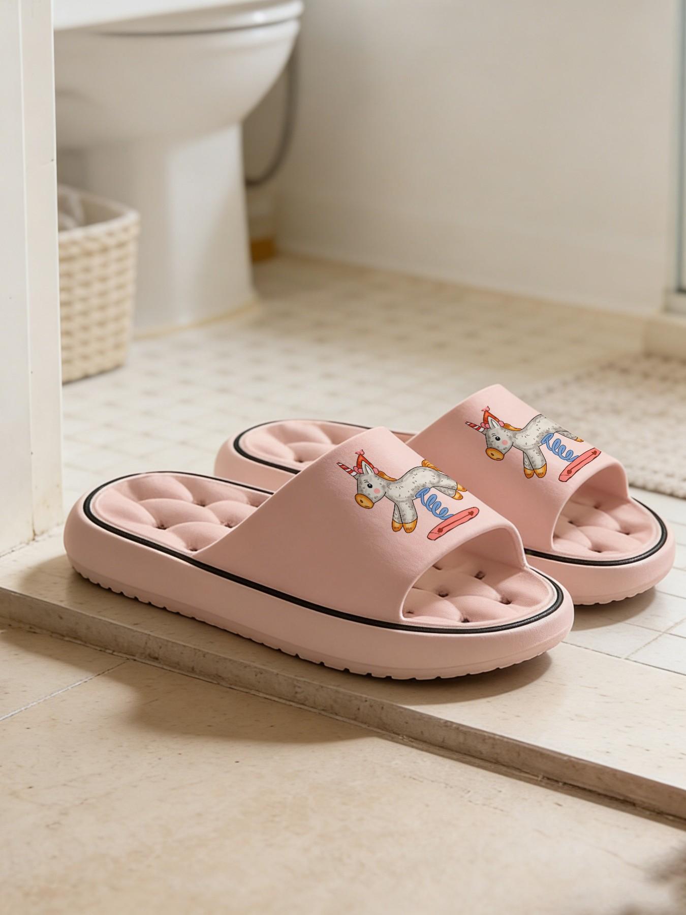 1 Pair Cartoon Pony Skateboard Themed Printed Hollow Massage Thick Sole Slippers, Cute Fun Style, Non-slip Soft Sole, Quick-dry for Bathroom, Indoor & Outdoor Dual-use, Open Toe Slides, Bathroom Casual Slippers