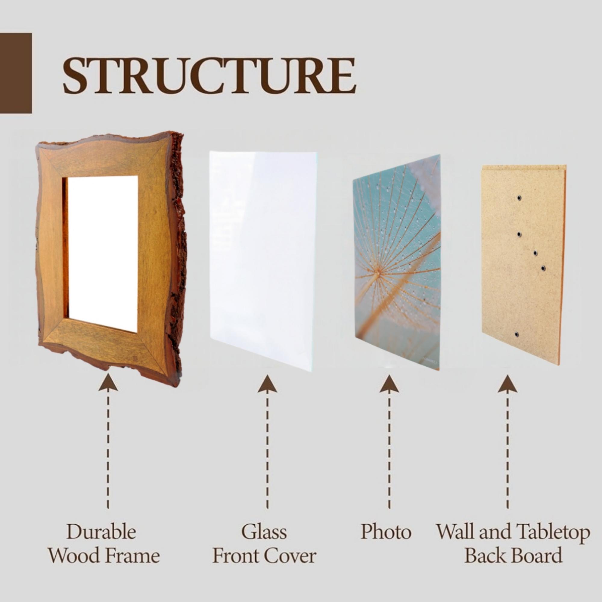 1 Pack 4x6 Live Edge Picture Frame Rustic Brown, Solid Picture Frame with Bark Edges & High Definition Glass Front, Vertical/Horizontal Tabletop or Wall Display, Natural Brown, Living room and bedroom photo wall matching, for Christmas Home Decor