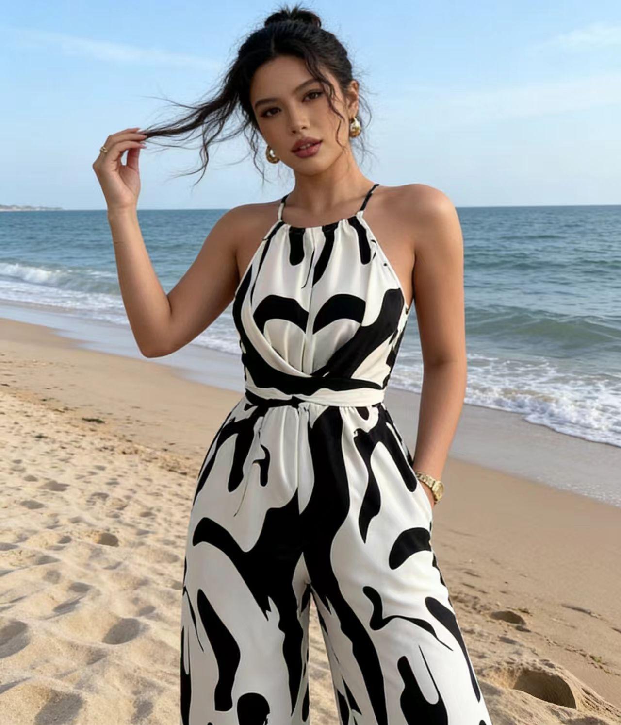 Women's Plus Size Jumpsuit with Pockets, Random Colorful Print, Casual Fashion One-Piece, Comfortable and Stylish