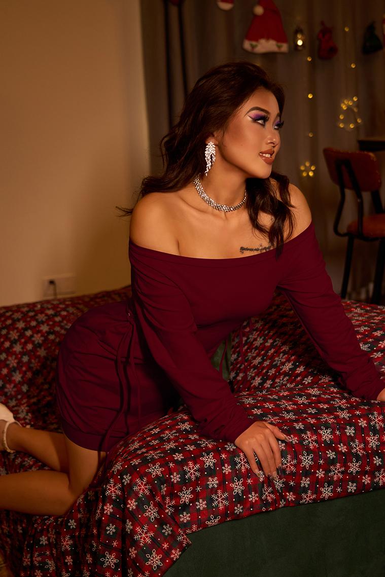 OYV Women's Sexy Off Shoulder Long Sleeve Lace Up Loose Club Mini Dress