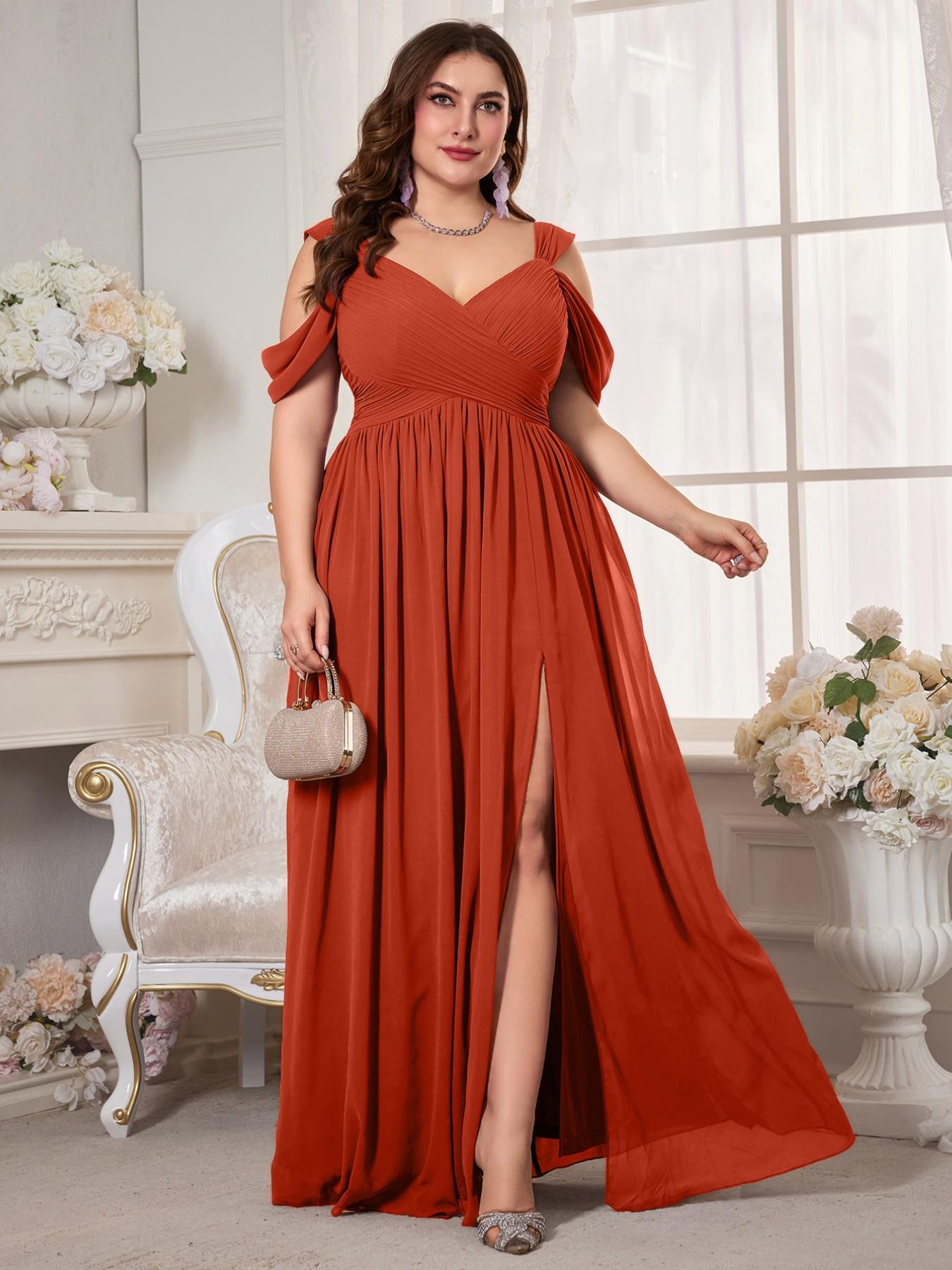 Plus Size Women's V-Neck Backless Waist Cinch Pleated High Split Skirt Maxi Dress, Elegant Chic Lightweight Chiffon Bridesmaid Party Formal Evening Gown, Pleated Dresses