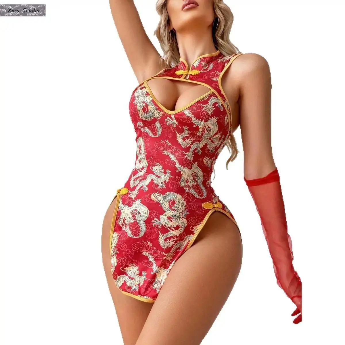 Women’s Dragon Print Qipao Mini Dress, Sleeveless High-Slit Bodycon Cheongsam with Vintage Style for Parties, Festivals, Club Nights and Evening Wear