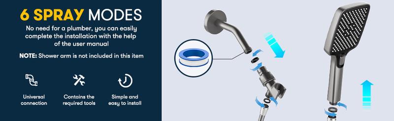 High Pressure Multi-Mode Handheld Showerhead - Anti-clogging nozzles, built-in power wash function for cleaning tubs, tiles and pets, extra-long stainless steel hose, wall and ceiling mounts.