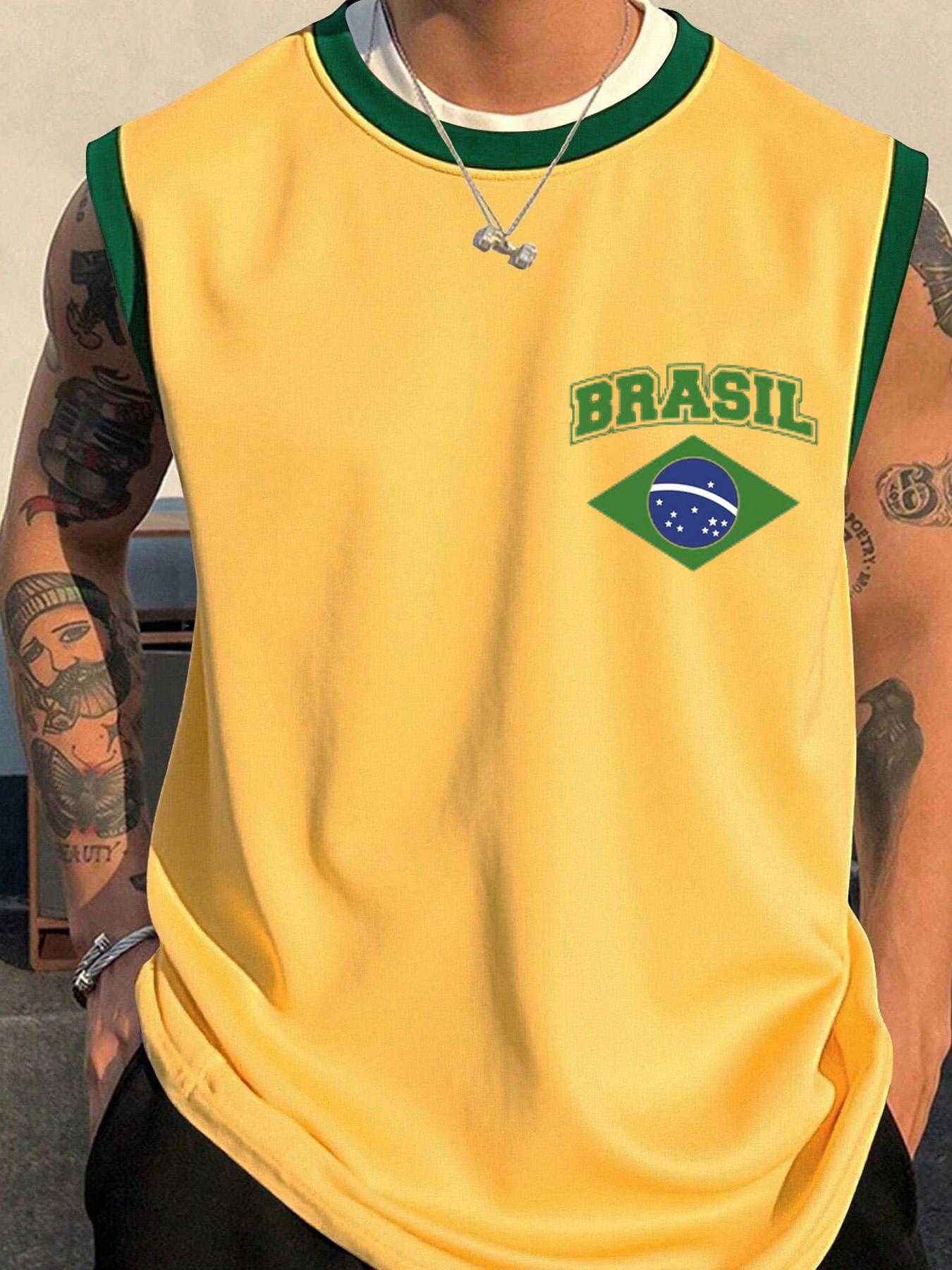 Men's Brazil Flag Print Tank Top, Vest Top, Regular Fit Casual Comfy Sleeveless Top for Summer, Men's Clothes for Daily Wear, Socks