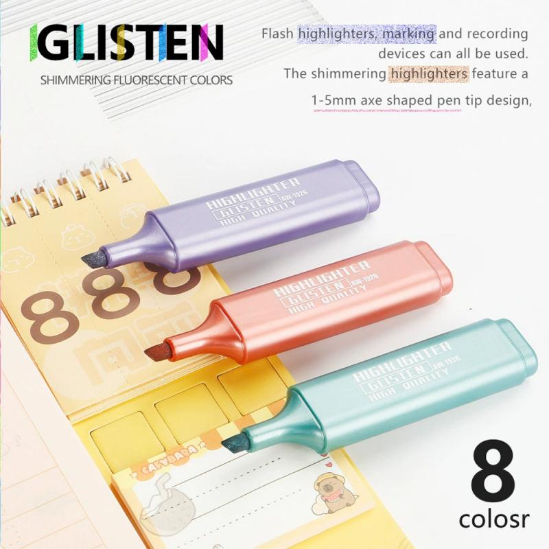 Glitter Highlighters Set 8Pack Subtle Colors with Chisel Tips, Flexible Line Width and Smudge-Proof Water-Based Ink for Sparkling Note-Taking,Cute Markers Pen Highlighter