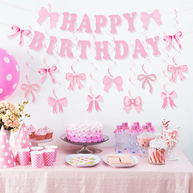 Bow Birthday Party Decoration Set, 1 Set of Bow Birthday Banner, Bow Hanging Rotating Party Set, Birthday Party Supplies, Party Favors, Gifts, Party Pack