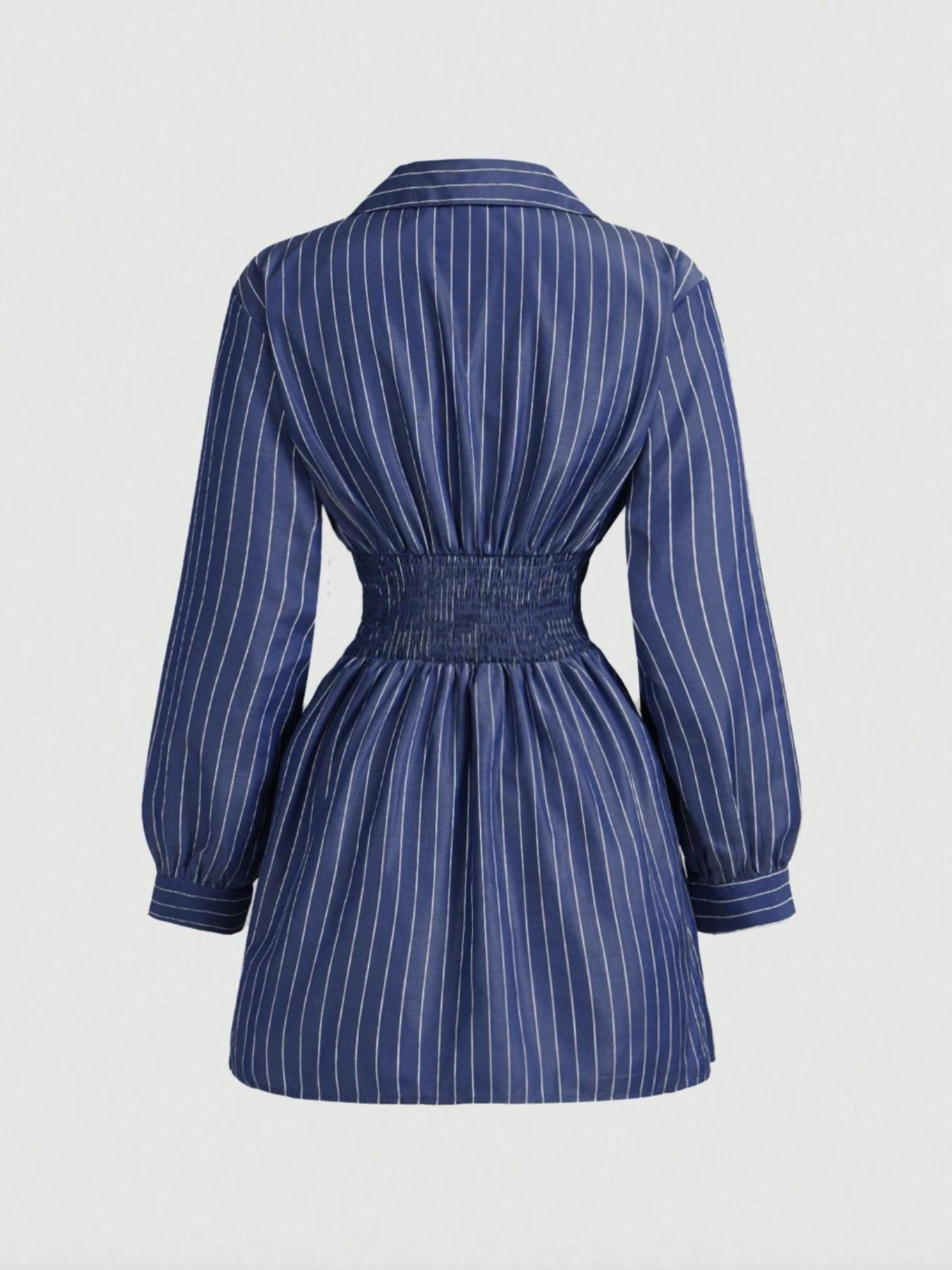 Women's Plaid Print V-Neck Lantern Sleeve Ruched Fitted Mini Dress, Suitable For Work, School, Casual Wear, Fall Clothes For Women,Shirt Dress,Brown Plaid,Office Outfit,Long Sleeves,Fitted Waist Stripe Print Dress，Irregular dress, Striped