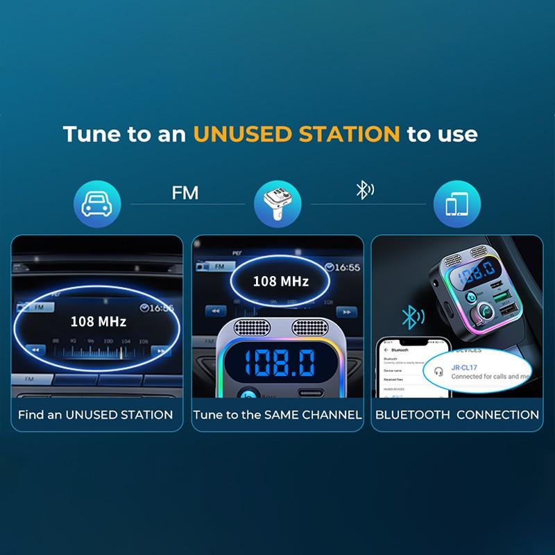 Fiowima USB C Bluetooth Adapter for Car, AUX Wireless FM Radio Transmitter, Handsfree Calling & Audio Receiver, MP3 Music Player, QC3.0 & Type-C PD USB Charger