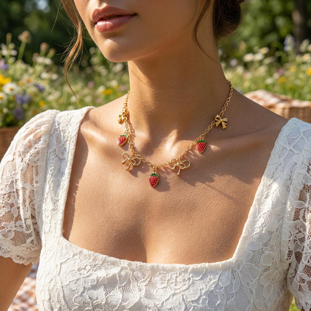 Sweet Bow Strawberry Necklace for Women, Y2K Sweet Cool Style, Lockbone Chain, Fashion Jewelry, Trendy Accessory