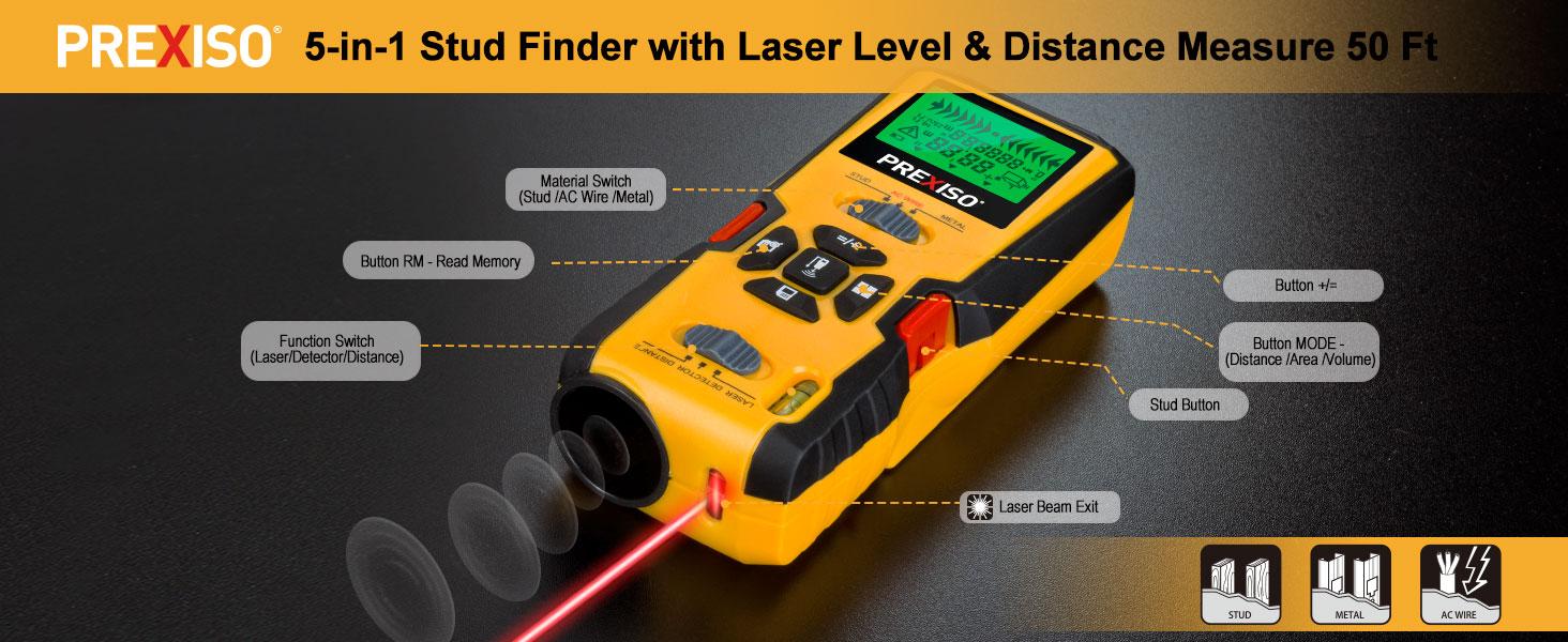 #JumpstartSale PREXISO 5-in-1 Stud Finder with Laser Level Marking & Ultrasound Distance Measure - Wall Scanner Beam Finders for Dry Interior Walls, Metal Studs - Area, Volume, Addition | Wood, AC Wire Detector