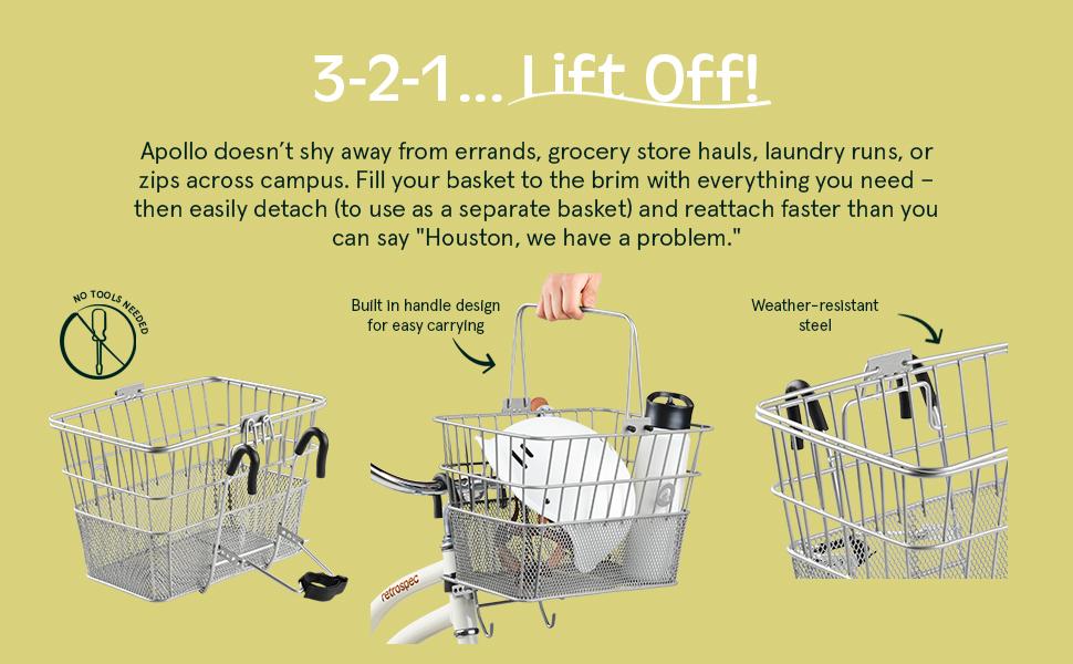 Detachable Steel Mesh Front Bike Basket with Integrated Detachable Hooks, Built-In Handle, Easy Assembly and Portability for Bicycles