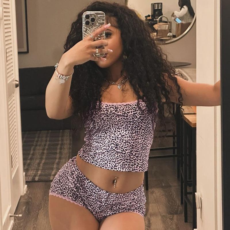 Sexy Casual Leopard Print Cami Top & Mid Waist Shorts Two Piece Set Contrast Lace Straps Trim for Women Summer Beach Vacation Outfits Party Dating Y2K Bodycon Suits