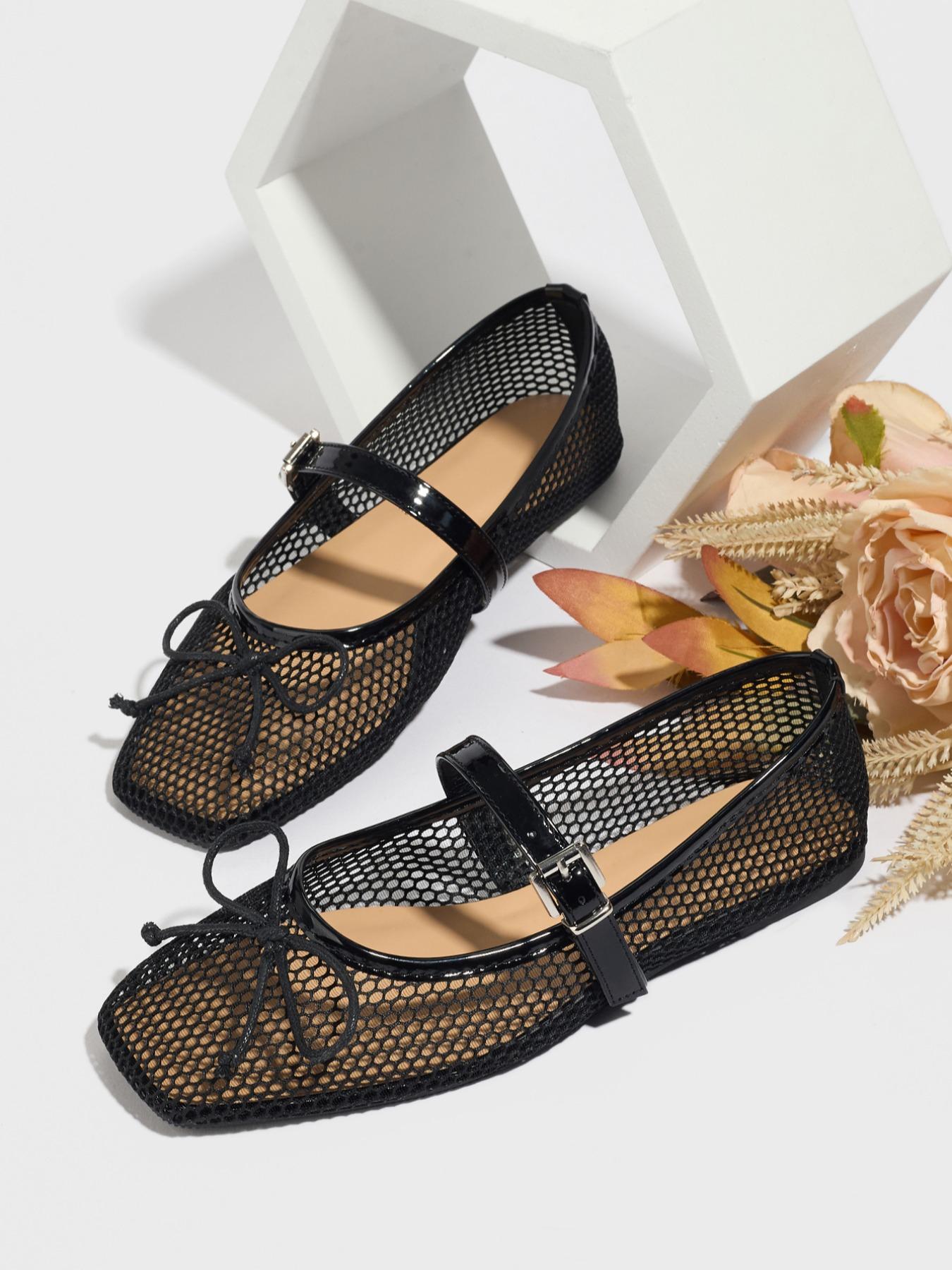 Ballerina Hollow Out Mesh Flat Shoes Summer Bowknot Square Toe Breathable Casual Sandals Fashion Comfort Soft Sole, Bowknot Design Flats