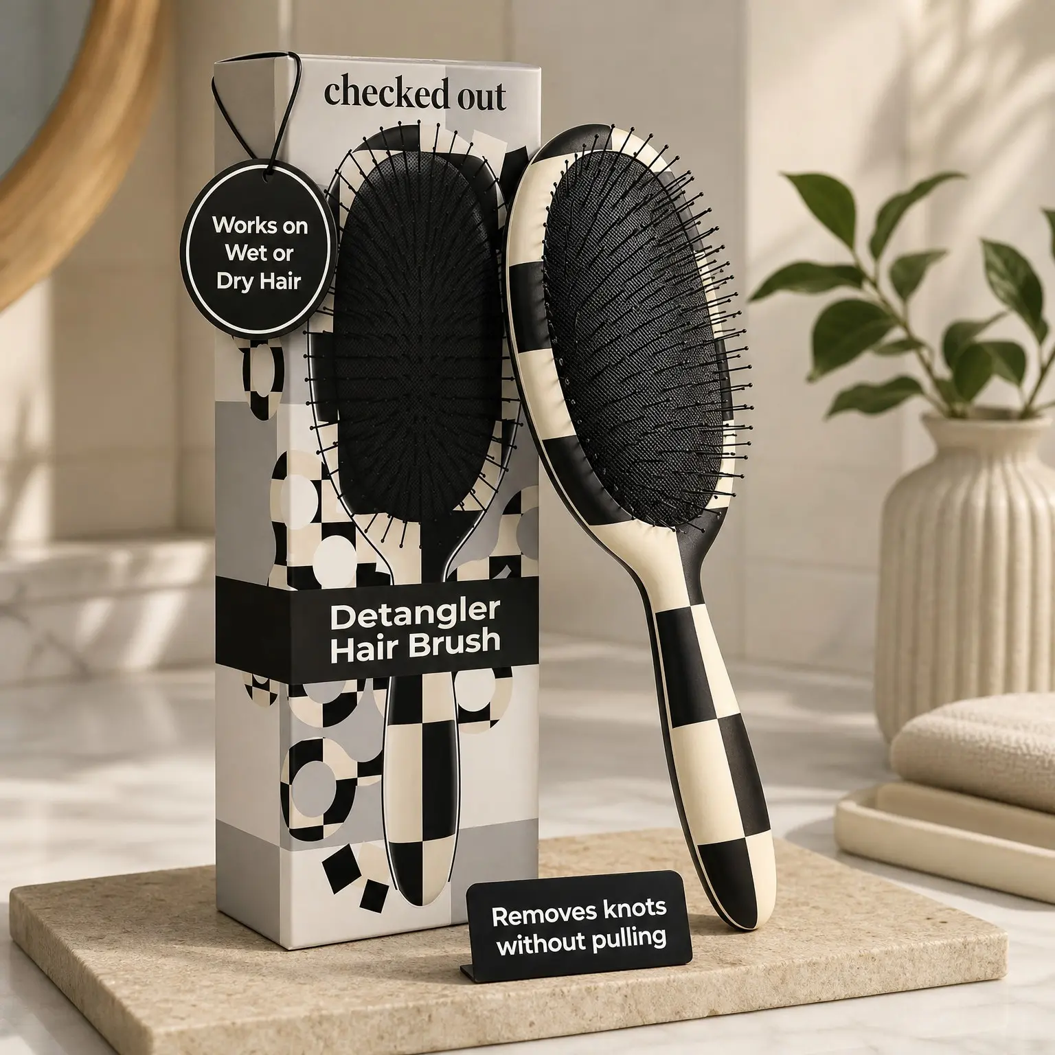 Black and White Checkered Print Detangler Hair Brush for Women - Wet & Dry Hairbrush, Checkered Hair AccessoriesGift