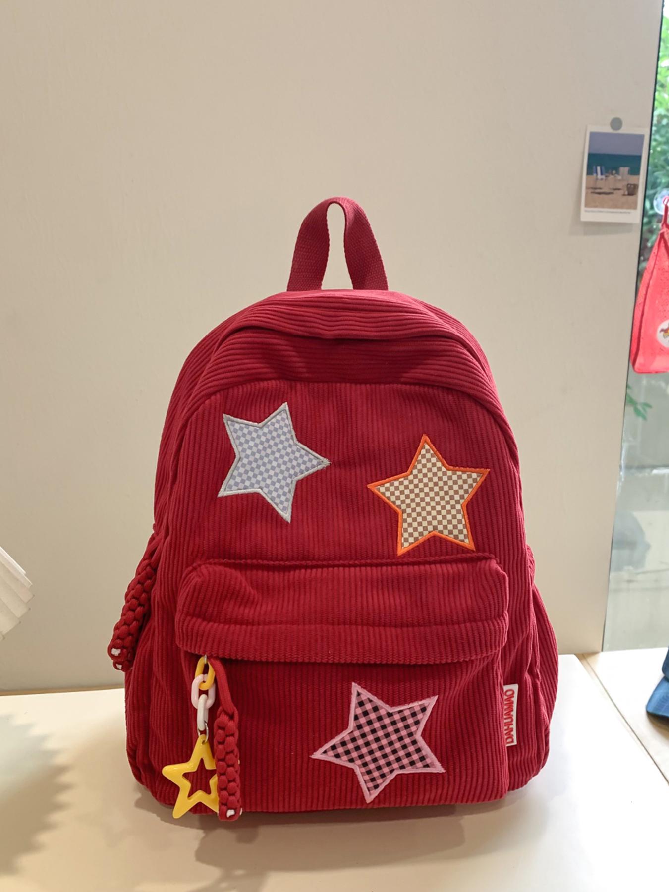 Leisure style fashionable large capacity backpack, practical texture retro niche personality high-quality backpack, chessboard star embroidery, star zipper decoration, essential for daily commuting to school