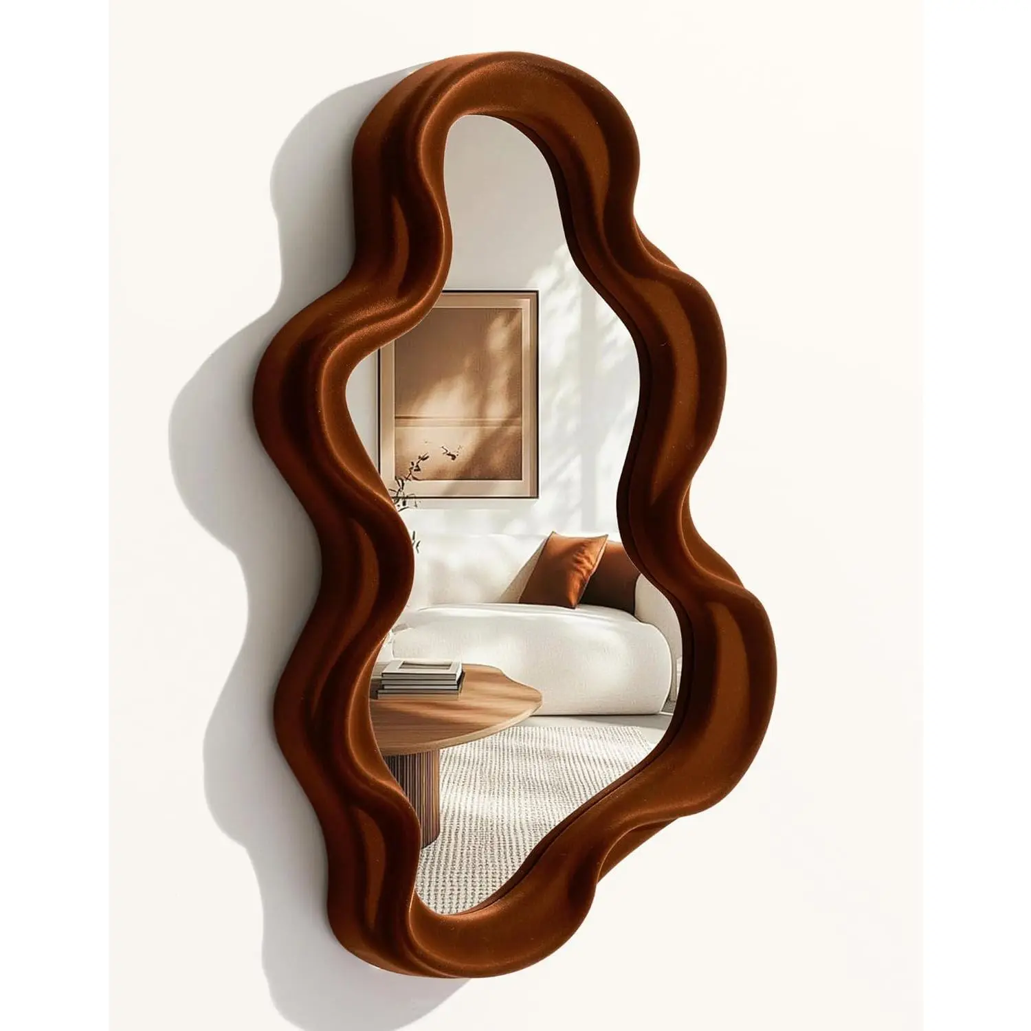 Retro Wavy Mirror Wall Decor for Living Room,Maroon Vintage Decor | 16x10",Soft Velvet-like Touch,Small Wall Mounted Mirror for Girl Bedroom,Decorative Tray Home Accent for Dining Room Kitchen