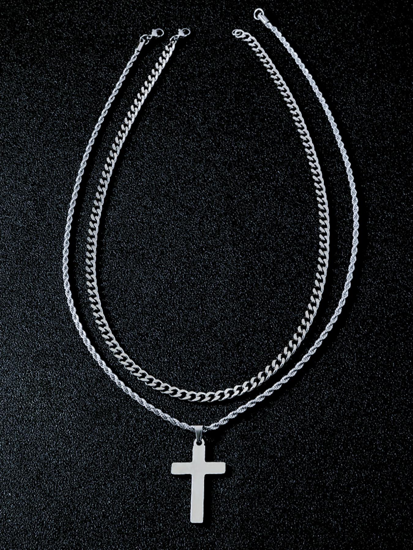 Men's Simple Style Plain Color Cross Pendant Necklace (2counts) Cross Necklaces Twist Chain Stainless Steel Jewelry for Party, Daily Clothing Decor, Trendy All-match & Exquisite Jewelry for Birthday Gift