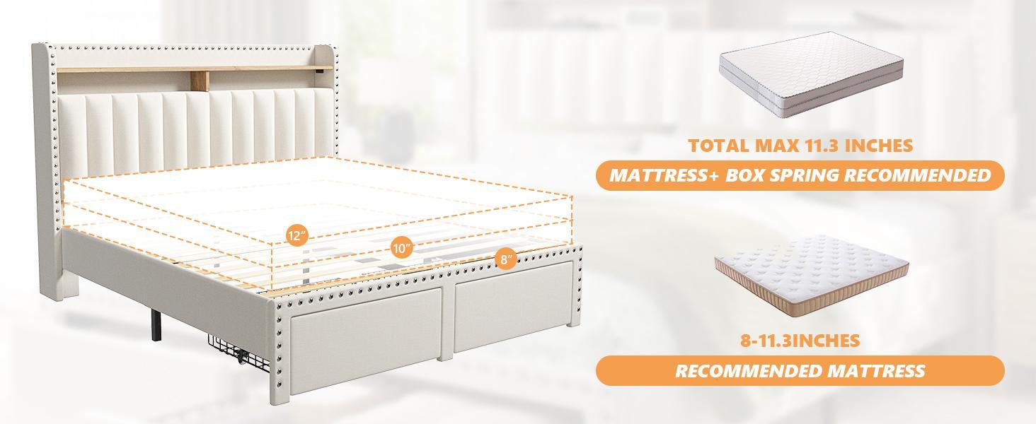 Bed Frame with 2 Drawers, MATTRESS NOT INCLUDED, Bedframe with Headboard and Storage, Upholstered  Bed Frame with Storage, No Mattress, NO Noise, No Box Spring Needed