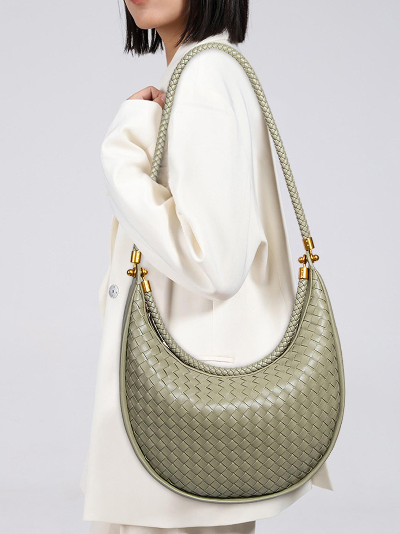 Handmade Custom Woven Bag for Women, Casual Handbag, Crescent Moon Shoulder Bag, Avocado, Lazy Chic, High-End Style