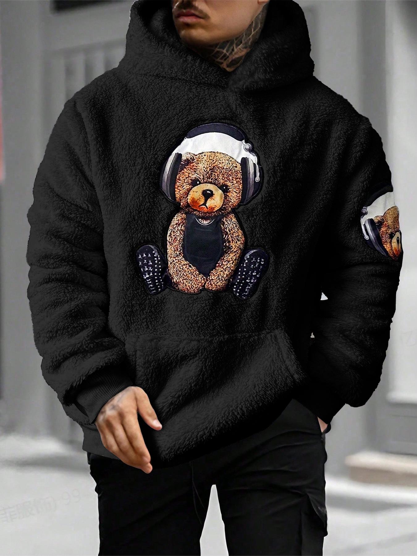 Men's Cartoon Bear Embroidery Pocket Fuzzy Knitted Hoodie, Fitted Casual Long Sleeve Hooded Sweatshirt for Fall & Winter, Men's Clothes for Daily Wear