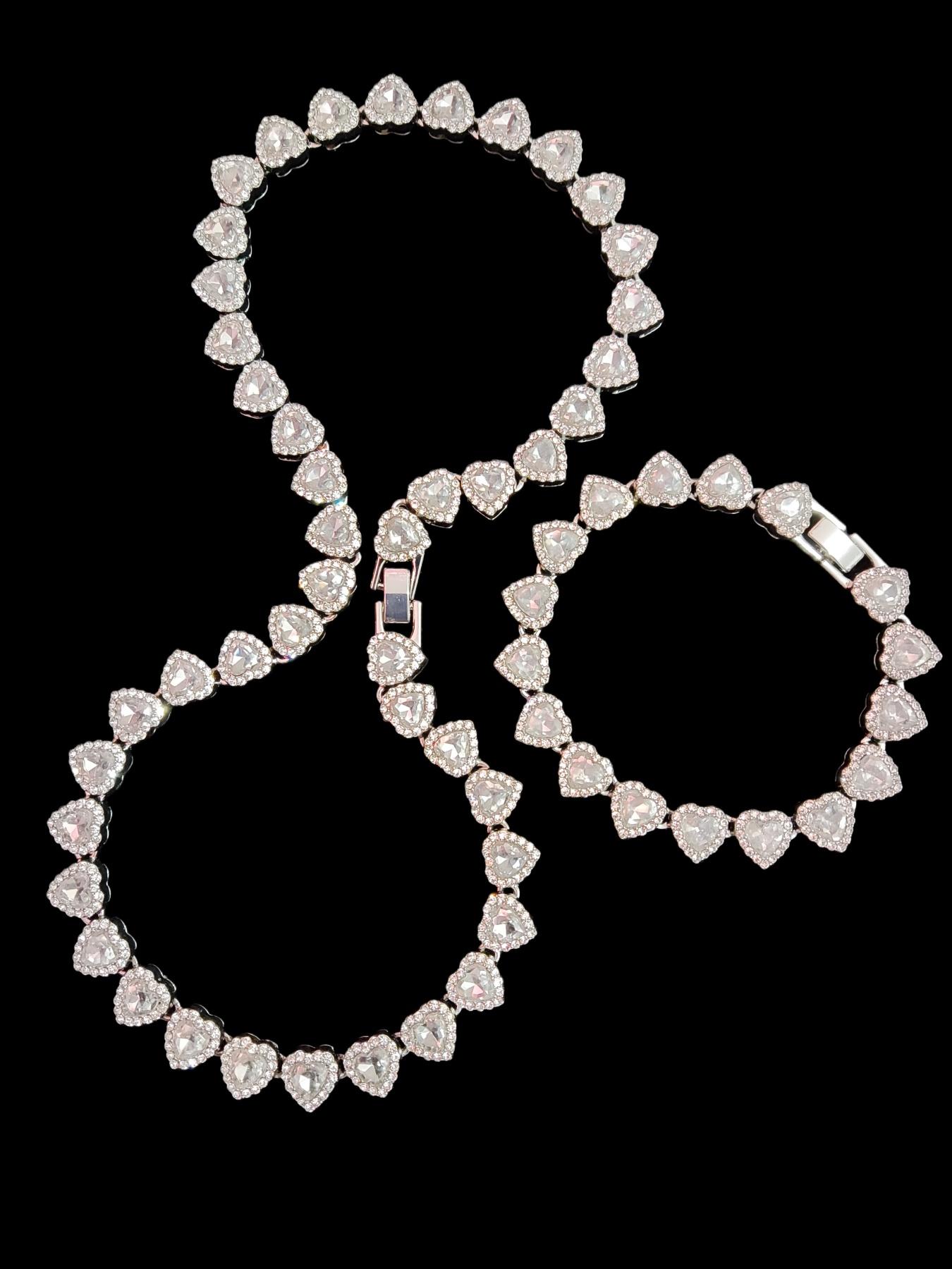 2Pieces/Set 10mm Love Heart Shape Chain Necklace and Bracelet Men or Women Hip Hop Iced Out Bling Bling Chain Necklace and Bracelet Fashionable Jewelry Set Fashion Set Jewelry Valentines Gift