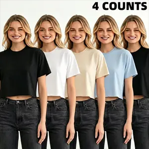 4-Pack Women's Cotton Crop Top T-Shirt Multipack TikTok Viral Cropped Tee Set Black White Beige Light Blue Short Sleeve Loose Fit Casual Plain Tops Y2K Fashion Workout Aesthetic Base Layer XS-XL Clothes