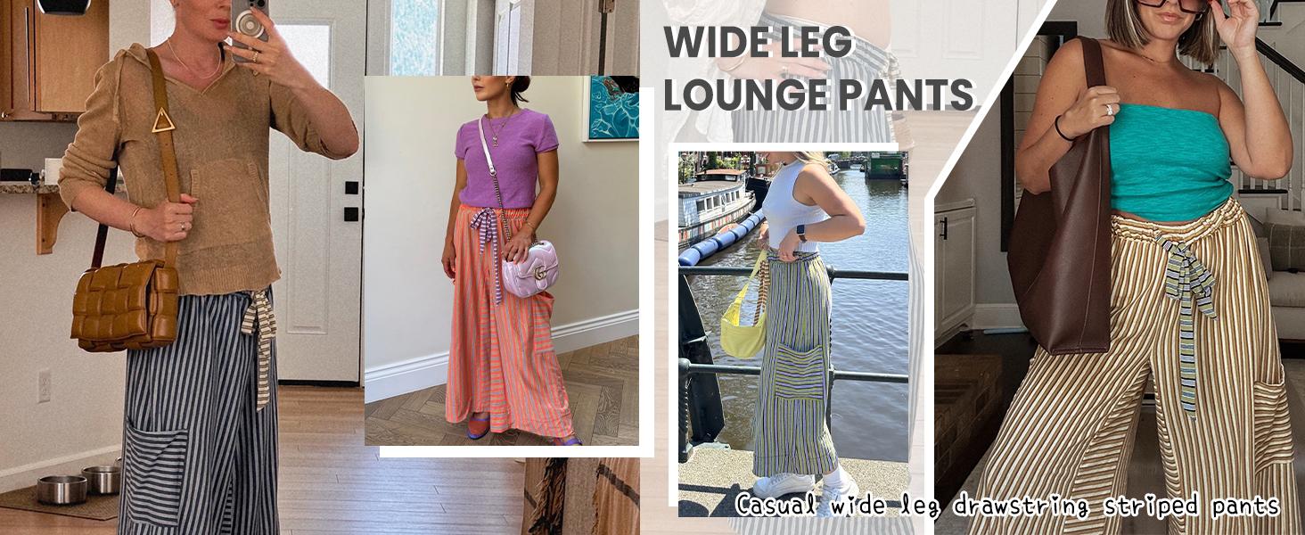 JovenPara Women's Drawstring Striped Wideleg Lounge Pants with Pockets Casual Bohemian Palazzo Trousers for Daily Wear Blue Boho Womenswear Bottom JovenPara Women's Drawstring Striped Wideleg Lounge Pants with Pockets Casual Bohemian Palazzo Trousers for Daily Wear Blue Boho Womenswear Bottom