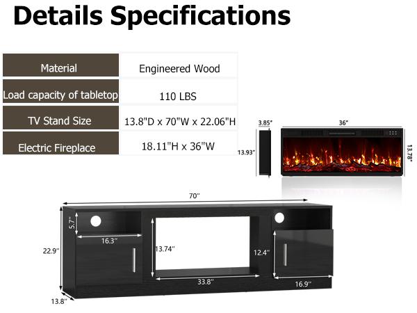 Fireplace TV Stand Entertainment Center with 36" Fireplace, 70" Wooden TV Stand for TVs Up to 80",Media TV Console with High Gloss Storage Cabinet and 16 Colors LED Lights