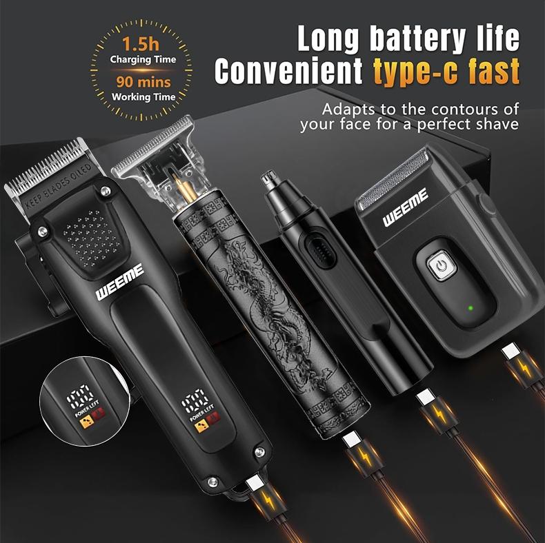 Weeme 3pcs/4pcs Blue Home Electric Hair Trimmer Set, USB Rechargeable, T-Head Trimmer, Shaver, Nose Hair Trimmer, Holiday Gift for Boyfriend, Hair Clippers Set