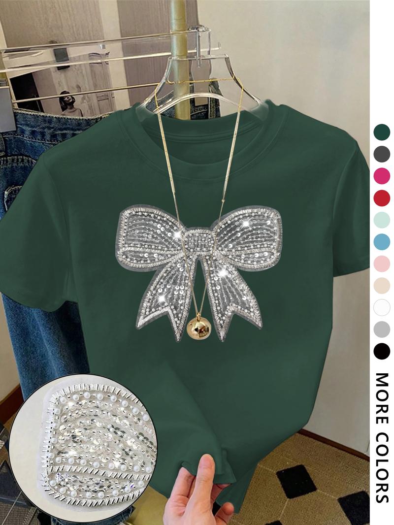 Women's Cartoon Bowknot Print Round Neck Tee, Fashion Casual Crew Neck Short Sleeve T-Shirt for Daily Holiday Vacation Outdoor Wear, Ladies Clothes for All Seasons, Top