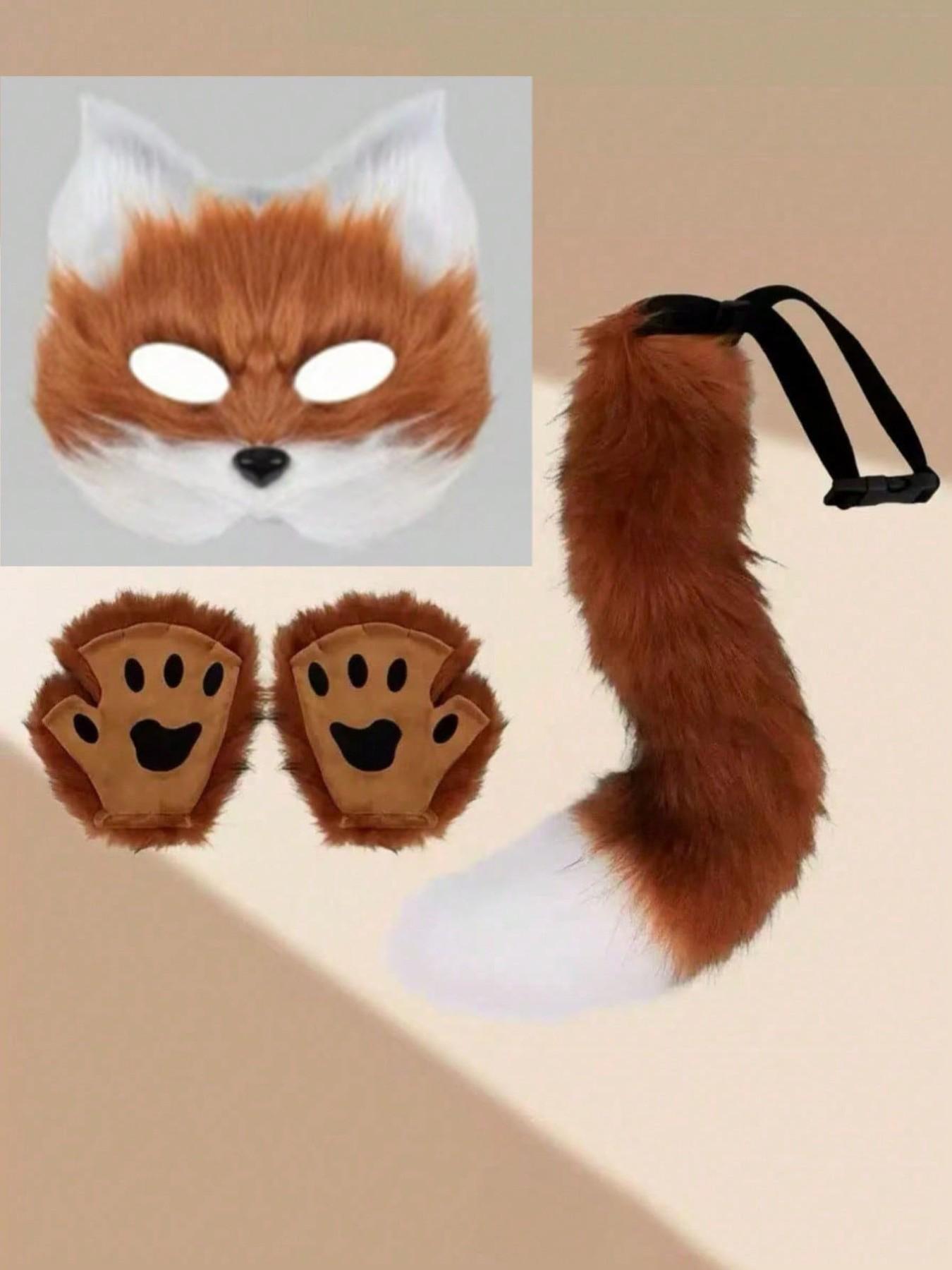 3-Piece Cosplay Costume Set, Realistic Fox Ears Top, Plush Fox Tail, Fox Mask, Perfect for Festivals, Parties, Role-Playing