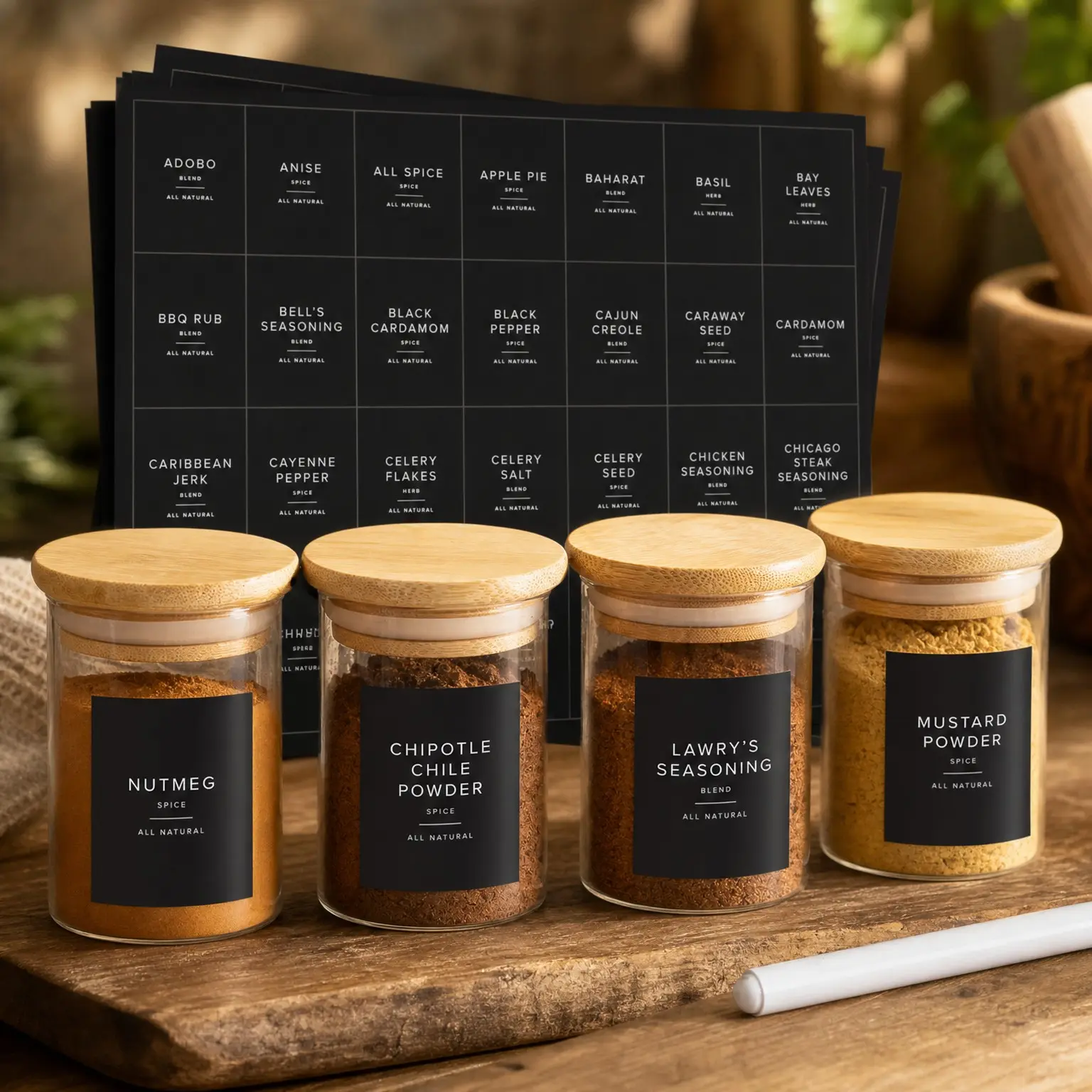 230 Black Spice Labels | Waterproof & Oil-Resistant Pre-Printed Stickers for Spice Jars | Durable, BPA-Free Seasoning Labels | Easy-Clean, No-Residue Design