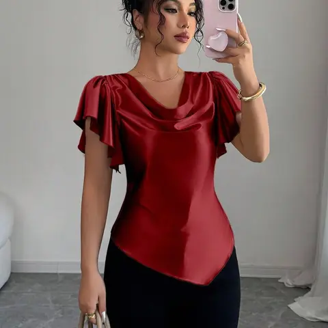 Elegant French Style Smooth Satin Drape Blouse, Shirts, Ruffled Sleeve, Waist Cinch, Slim Fit, Office Wear Summer Top for Women