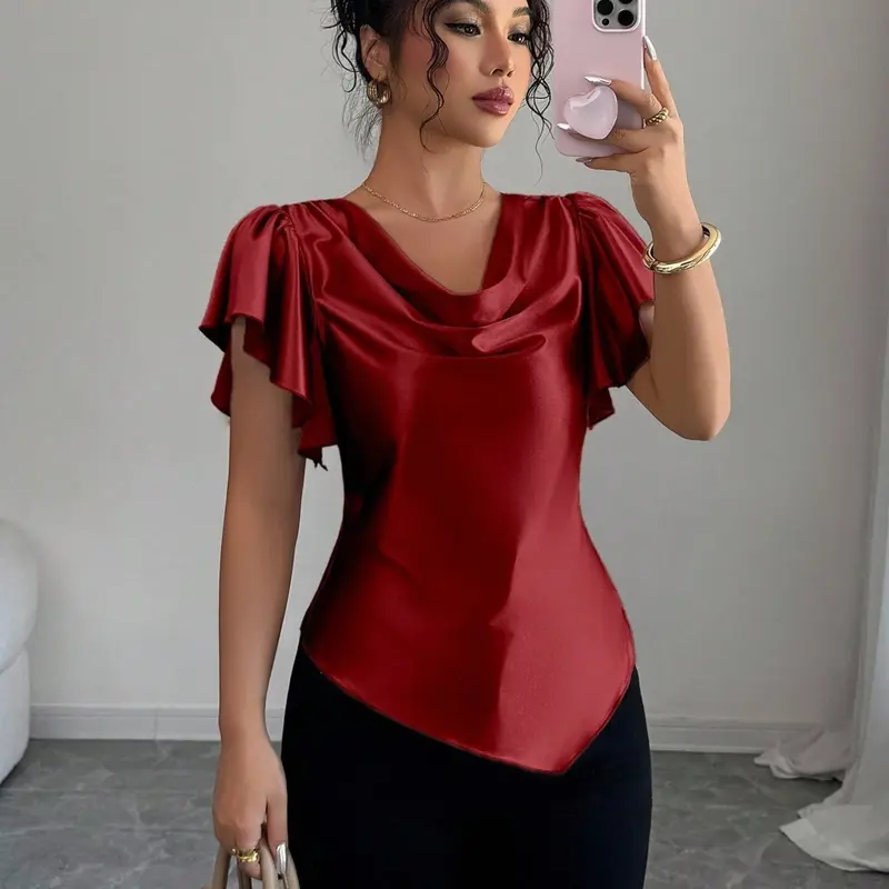 Elegant French Style Smooth Satin Drape Blouse, Shirts, Ruffled Sleeve, Waist Cinch, Slim Fit, Office Wear Summer Top for Women