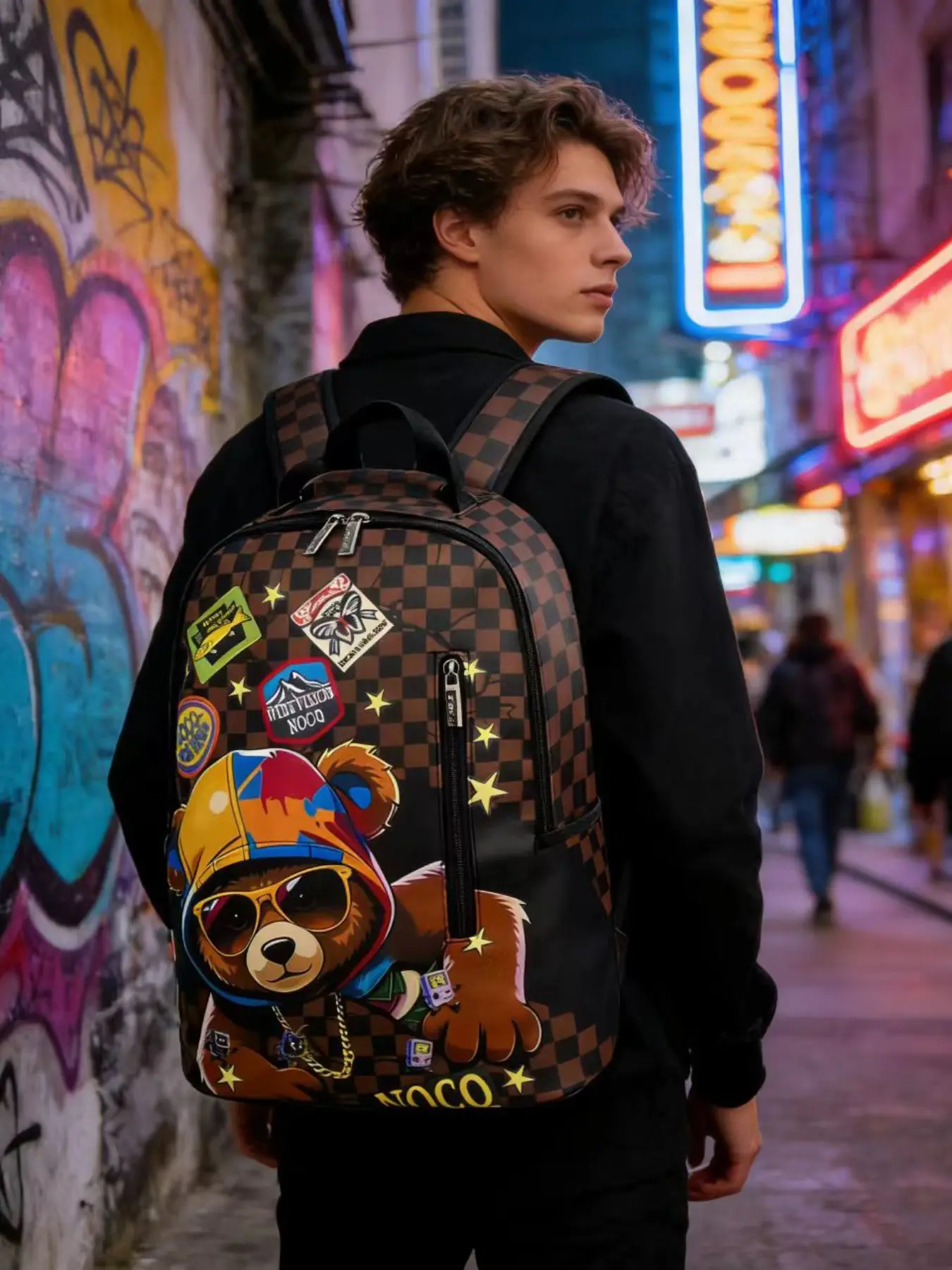 Cartoon Cool Bear Checkered Casual Backpack, Street Style Large Capacity Laptop Bag, Student Commute Travel Bookbag, Trendy Dual Shoulder Pack