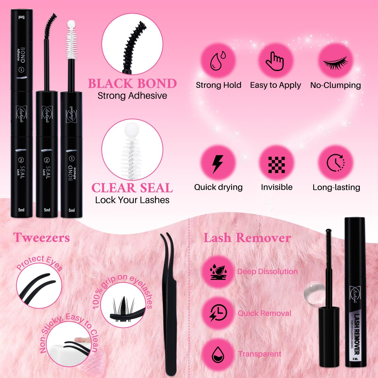 LASHSUN Clusters Lashes Kit with Ultra-Dense, Waterproof, Long-Lasting Lashes | Velure, Fairy, Flora, Muse | Natural Daily, Manga&Wet Look, Manga&Natural Style, Hybrid Volume Look | Beginner-Friendly, Kit with Bond & Seal,Tweezers and Remover