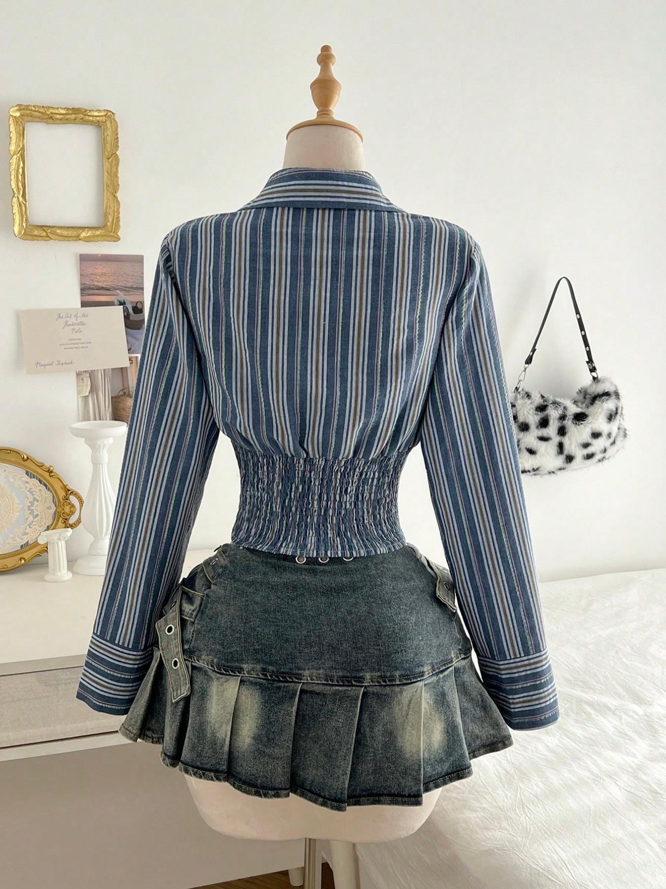 1 Piece  Retro Striped Waist-Cinched Shirt Set | Euro-Hong Kong Style | Deep V Drawstring + Slim-Fit Silhouette | Elegant Pick for Daily Commute / Coffee Dates （only top）