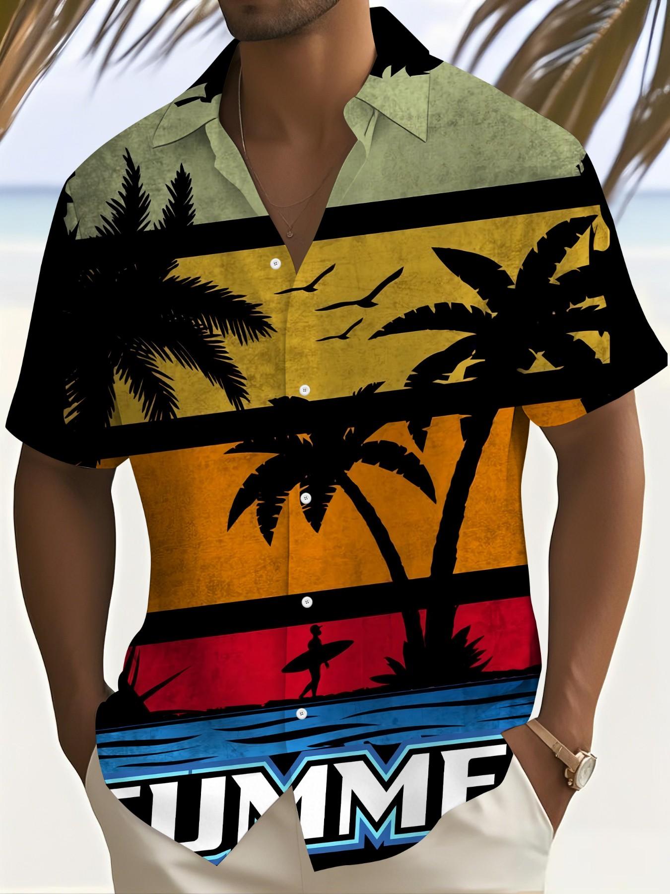 Tropical Beach Scene Graphic Shirt, Men's Loose Fit Collared Short Sleeve Top, Casual All-Over Print Clothing, Trendy Summer Wear