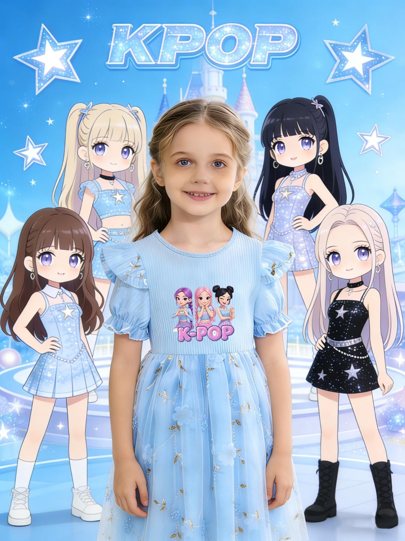 Sweet Style Girls' Dress, Flutter Sleeve Bubble Sleeve, K-Pop Print, Summer Mesh Princess Dress, Casual Fitted Butterfly Pattern