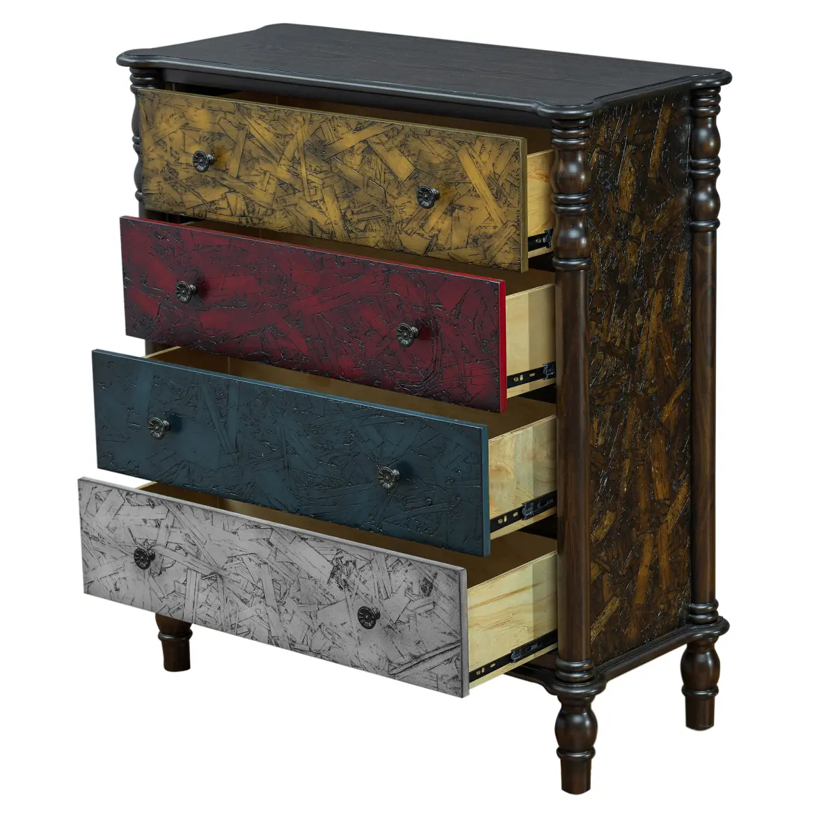 Farmhouse Modern Wood Grain Narrow Tall Dresser Chest of Drawers (12x29x32"), Pre-Assembled 4-Colorful Drawers with Steel Slides, Pine Wood Legs MDF Oak Veneer Storage Cabinet for Small Bedroom, 396 lbs Tabletop Load
