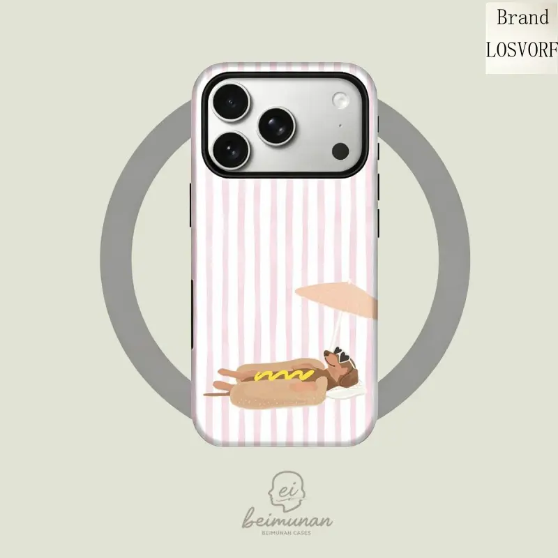 Cute Beach Dachshund Hot Dog MagSafe Phone Case |   Pink White Striped Cartoon Aesthetic 2 in 1 Shockproof Protective Cover, Funny Relaxed Wiener Dog Design Fits iPhone 17 16 15 14 13 12 11 Pro Pro Max Plus, Lovely Holiday Gift for Dog Lovers