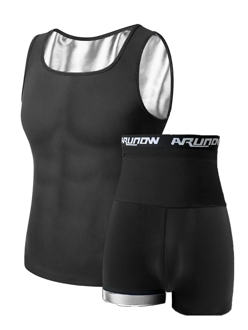 Men's Plain Scoop Neck Tank Top & Letter Tape High Waist Shorts Sweat Sauna Suit Set, Sleeveless Sports Top & Skinny Shorts, Workout Gym Yoga Exercise Clothing Set for Men