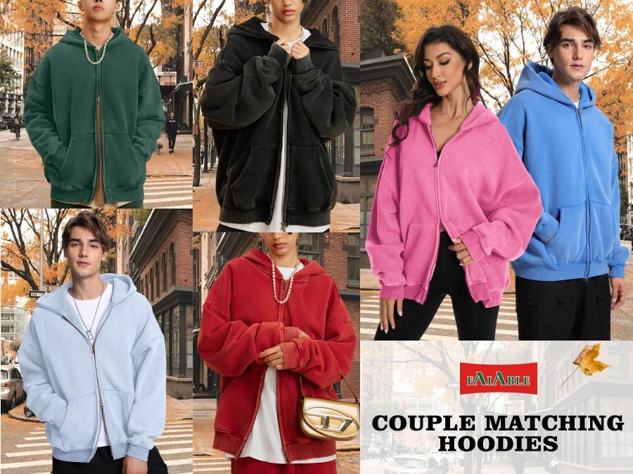 FAIABLE Unisex Double Zip Up Hoodie Oversized Acid Wash Heavyweight Fleece Cotton Zipper Hoodie Vintage Casual Soft Breathable Menswear with Pockets & Round Neck