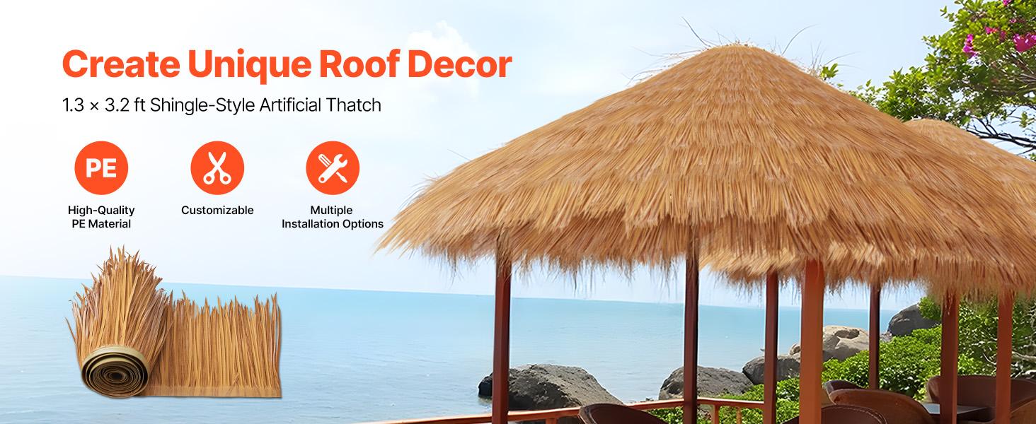 VEVOR Artificial Thatch Grass Roof, 1.3x3.2 ft Mexican Style Tiki Bar Hut Skirt Thatch Roofing Roll, Waterproof Fire-Resistant, Palapa Duck Blind Grass for Patio Pool Beach Hawaiian Party Dcor