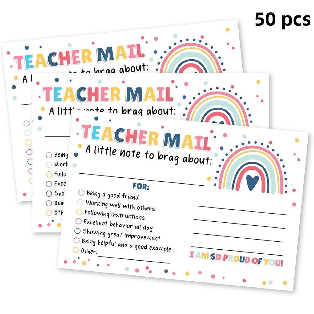 Rainbow Pattern Teacher Mail Card, 50pcs/pack Teacher Encouragement Card, Positive Behavior Encouragement Note for Students, School Classroom Reward Card