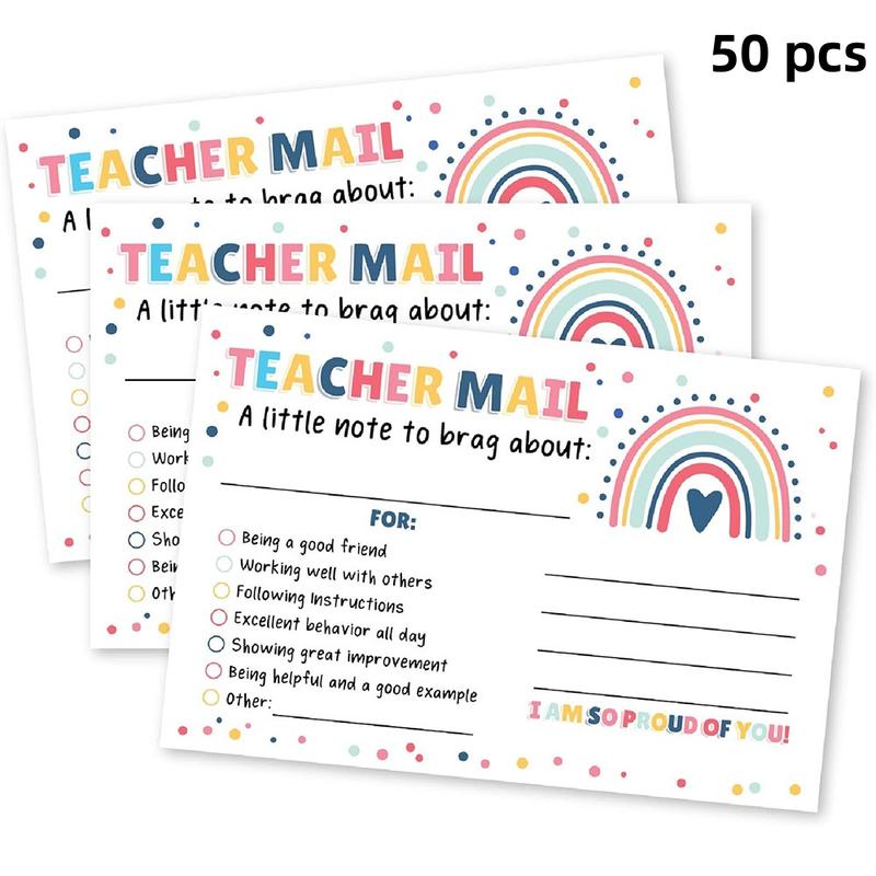 Rainbow Pattern Teacher Mail Card, 50pcs/pack Teacher Encouragement Card, Positive Behavior Encouragement Note for Students, School Classroom Reward Card