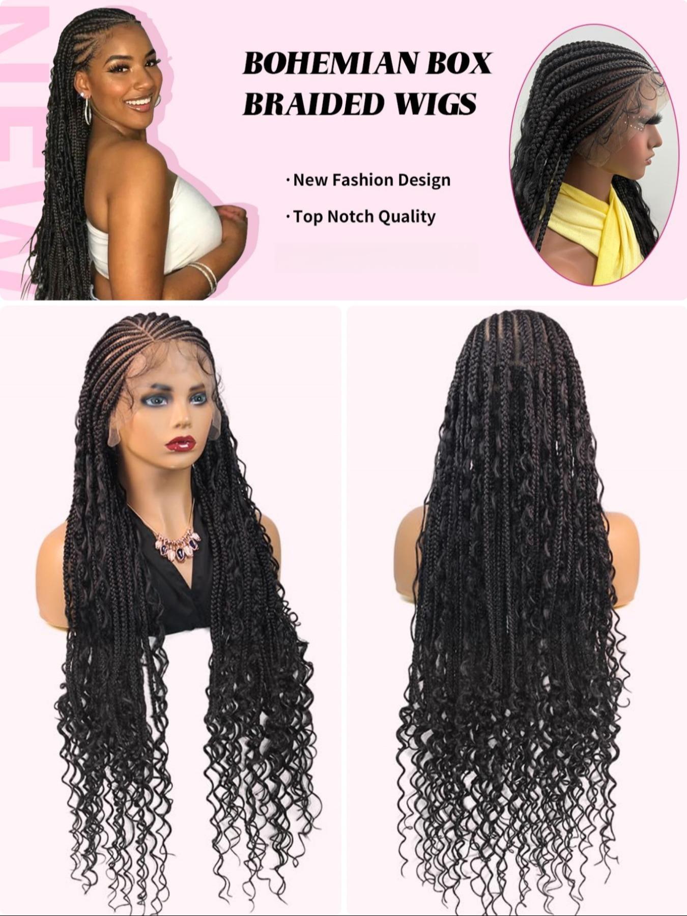 Boho Style 36 Inch Braided Wigs for Women, HD Full Lace Side Part, Synthetic Heat Resistant Fiber, Handmade Braids for Daily Wear
