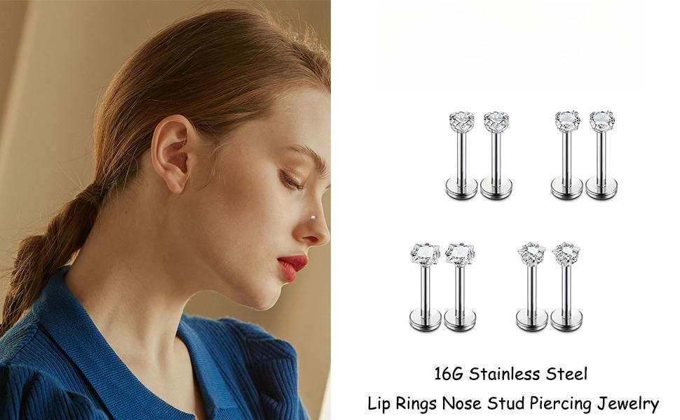 Hypoallergenic Jewelry 4-Pair 16G Stainless Steel CZ Accent Labret Studs - Body Piercing Jewelry for Lip, Nose, Tragus Cartilage, Casual Everyday Wear for Men, Women, Cz Accents